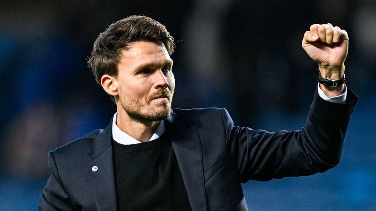 GLASGOW, SCOTLAND - OCTOBER 26: Rangers head coach Danny Rolle celebrates at full time during the William Hill Premiership game between Rangers and Kilmarnock at Ibrox Stadium on October 26, 2025 in Glasgow, Scotland. (Photo provided by Rob Casey/SNS Group)