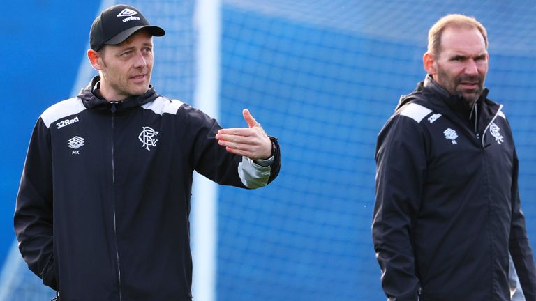 GLASGOW, SCOTLAND - OCTOBER 22: Rangers Head Coach Danny Rohl alongside the new coaching team - Former Sheffield Wednesday Performance Manager Sascha Lense (right) and Former Ajax and Hoffenheim Assistant Manager Mathias Kaltenbach (centre) during a Rangers MD-1 training session at the Rangers Training Centre, on October 22, 2025, in Glasgow, Scotland. (Photo by Alan Harvey / SNS Group)