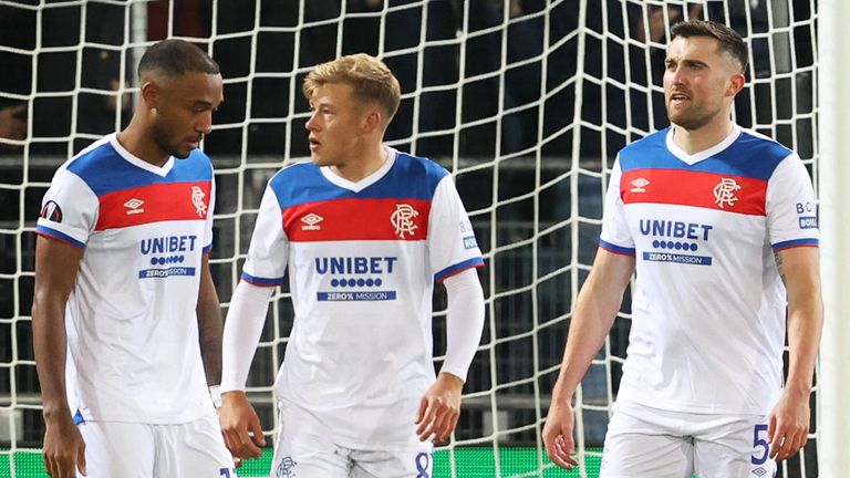 Rangers Derek Cornelius, Connor Barron and John Souttar after going behind during a UEFA Europa League 2025/26 League Phase MD2