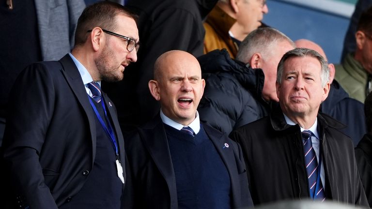 Rangers' sporting director Kevin Thelwell (L) and chief executive Patrick Stewart (C) were at the Falkirk Stadium