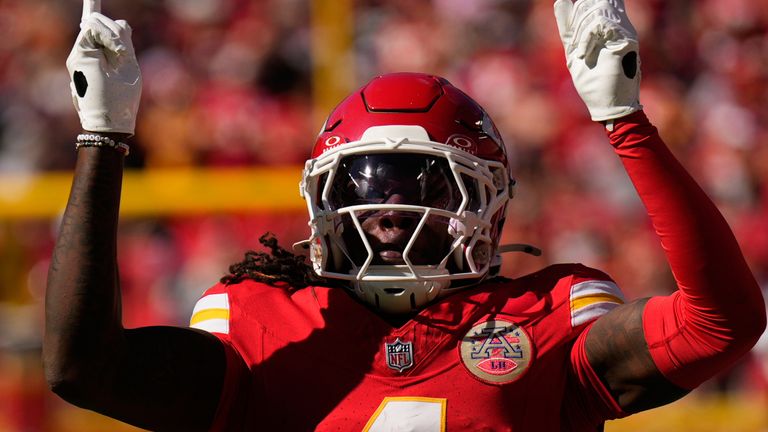Kansas City Chiefs wide receiver Rashee Rice celebrates during their impressive 31-0 win over Las Vegas Raiders 
