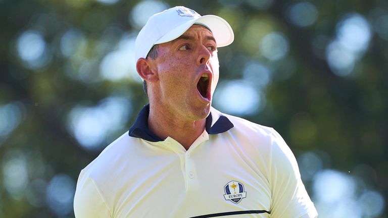 Rory McIlroy of Team Europe reacts on the fifteenth during the Sunday singles matches of the 2025 Ryder Cup a