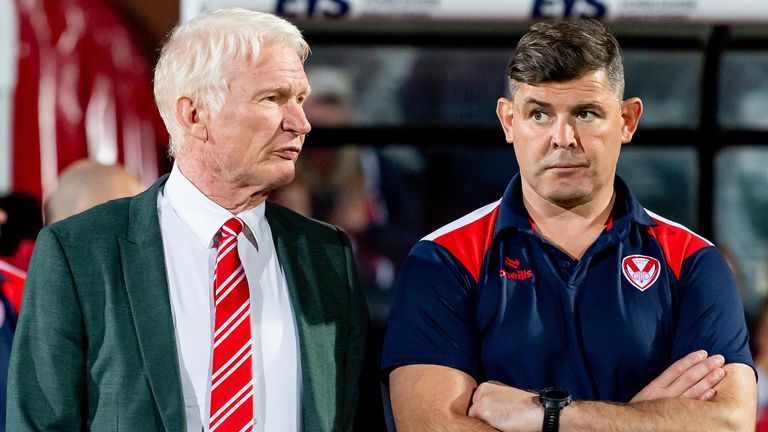 Picture by Allan McKenzie/SWpix.com - 29/08/2025 - Rugby League - Betfred Super League Round 24 - Hull KR v St Helens - Sewell Group Craven Park, Hull, England - St Helens' Eamonn McManus and coach Paul Wellens after defeat against Hull KR.