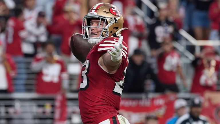 San Francisco 49ers running back Christian McCaffrey (23) celebrates his touchdown against the Atlanta Falcons in the first half of an NFL football game, Sunday, Oct. 19, 2025, in Santa Clara, Calif. (AP Photo/Godofredo A. V..squez)
