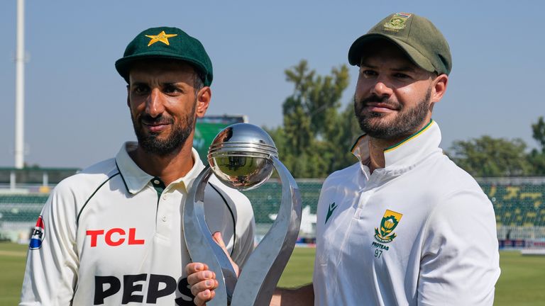 Pakistan's Shan Masood (L) and South Africa's Aiden Markram (R) after the teams tied their two-Test series in Rawalpindi
