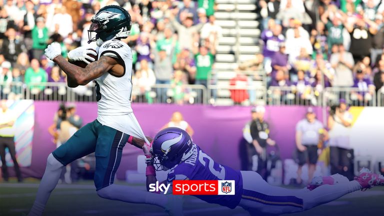 Philadelphia Eagles wide receiver DeVonta Smith (6) runs for a touchdown past Minnesota Vikings cornerback Isaiah Rodgers (2) during the second half of an NFL football game Sunday, Oct. 19, 2025, in Minneapolis. (AP Photo/Ellen Schmidt)
