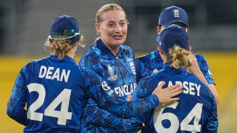 England's Sophie Ecclestone celebrates a wicket against Sri Lanka (Associated Press)