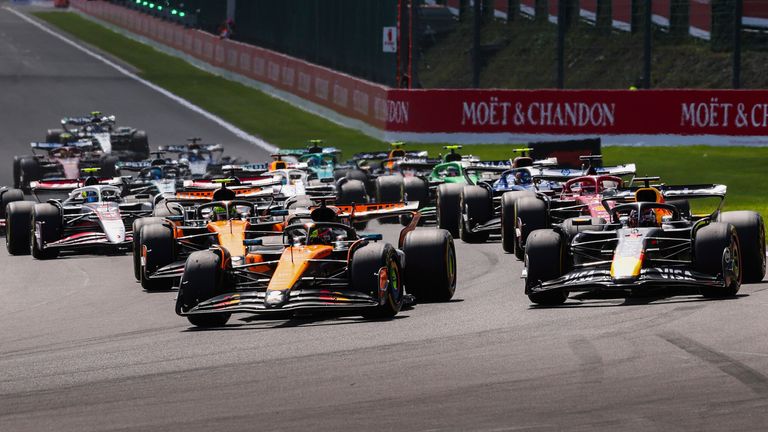 Start Sprint, #81 Oscar Piastri (AUS, McLaren F1 Team), #1 Max Verstappen (NLD, Oracle Red Bull Racing), #4 Lando Norris (GBR, McLaren F1 Team), #16 Charles Leclerc (MCO, Scuderia Ferrari HP), F1 Grand Prix of Belgium at Circuit de Spa-Francorchamps on July 26, 2025 in Spa-Francorchamps, Belgium. (Photo by HOCH ZWEI) Photo by: HOCH ZWEI/picture-alliance/dpa/AP Images