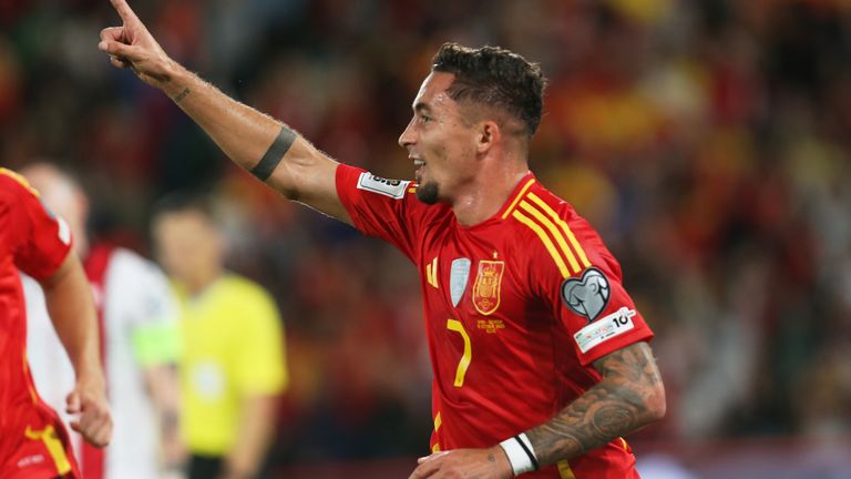Spain's Yeremy Pino celebrates scoring