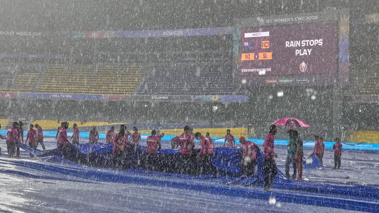 Groundstaff pull covers as it rains during the ICC Women's Cricket World Cup match between New Zealand and Sri Lanka in Colombo (AP Images)