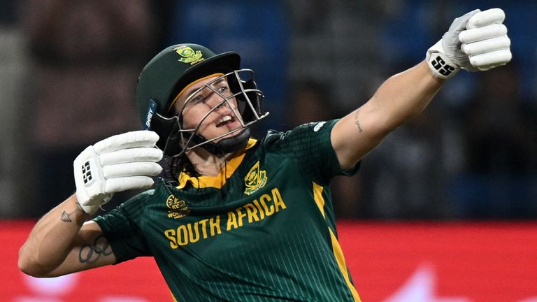 South Africa batter Tazmin Brits celebrates her hundred against New Zealand at the Women's Cricket World Cup (Getty Images)
