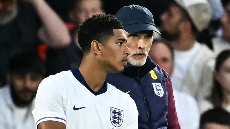 Thomas Tuchel speaks to Jude Bellingham as he prepares to come on during the international friendly between England and Senegal
