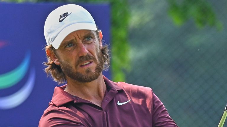 Tommy Fleetwood plays a shot during the 2025 DP World India Championship (Associated Press)