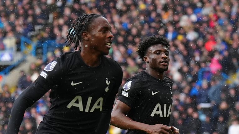 Spurs goalscorers Mathys Tel and Mohammed Kudus celebrate at Elland Road