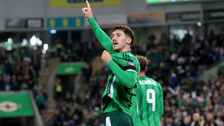 Trai Hume celebrates his first goal for Northern Ireland