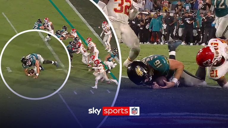 Jacksonville Jaguars quarterback Trevor Lawrence stumbles two times after the sack and then manages to get up and run in for a go-ahead touchdown against the Kansas City Chiefs.