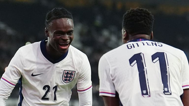 Tyrique George celebrates with Chelsea and England U21 teammate Jamie Gittens after scoring against Andorra