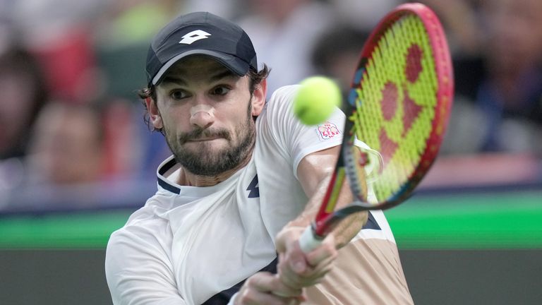 Valentin Vacherot of Monaco plays a return to Arthur Rinderknech of France..during the final of the Shanghai Masters tennis tournament at Qizhong Forest Sports City Tennis Center, in Shanghai, China, Sunday, Oct. 12, 2025. (AP Photo/Andy Wong)