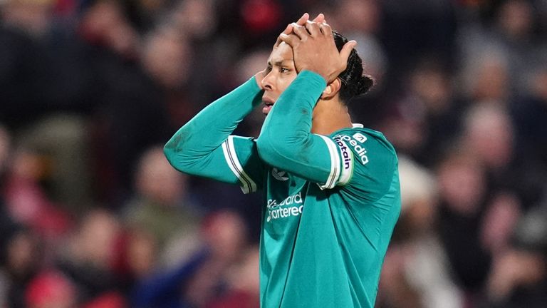 Virgil van Dijk reacts during Liverpool's loss to Brentford