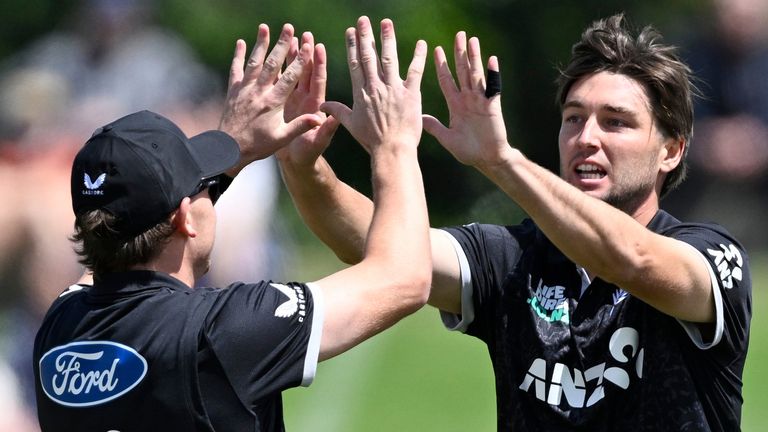 New Zealand seam bowler Zak Foulkes (right) celebrates an ODI wicket against England (Associated Press)