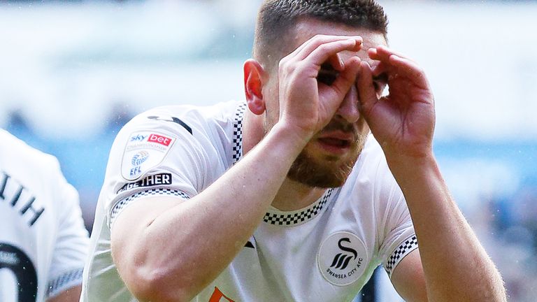 Zan Vipotnik of Swansea City celebrates scoring the opening goal