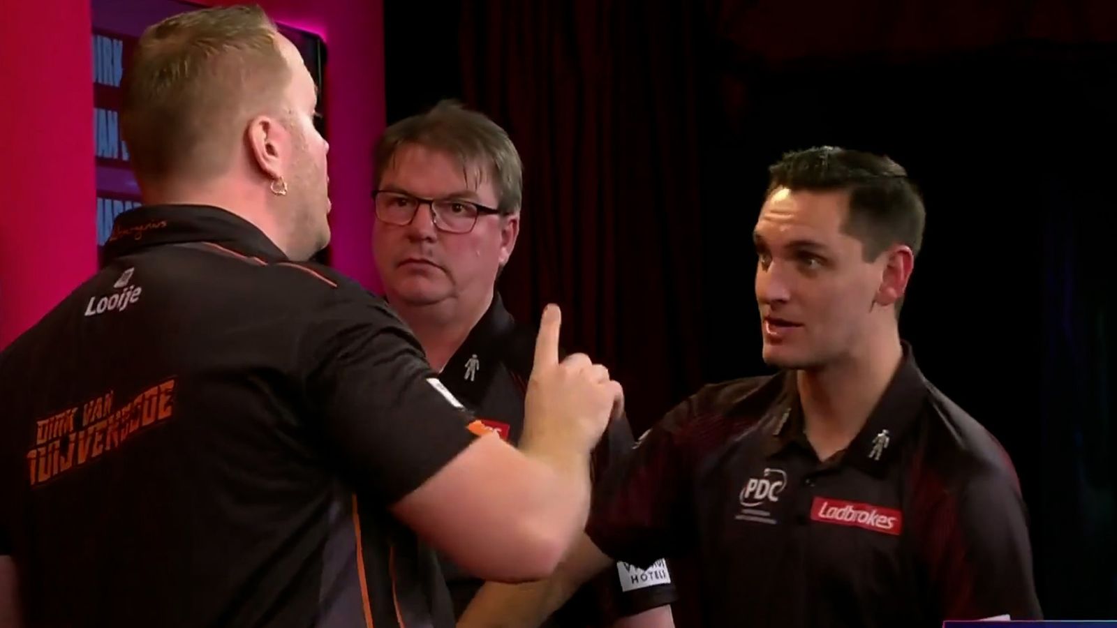 Dirk van Duijvenbode fumes with referee after disallowed dart!