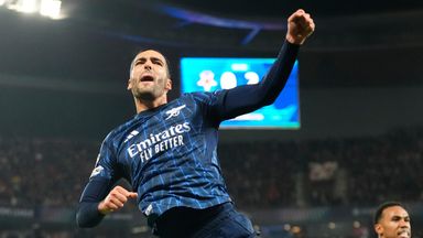 Arsenal's Mikel Merino celebrates after scoring his side's third goal against Slavia Prague