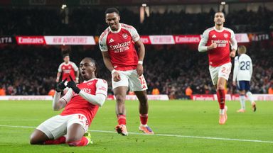 Arsenal's Eberechi Eze celebrates after scoring to make it 2-0. (AP Photo/Frank Augstein)