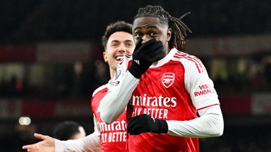 Eberechi Eze celebrates after scoring Arsenal's third goal