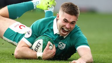 Ireland's Jack Crowley scores a try against Japan in Dublin (AP Photo/Peter Morrison)