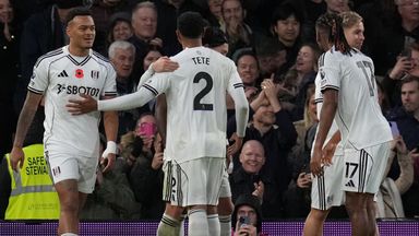 Fulham players celebrate after a Yerson Mosquera own goal gives them a 3-0 lead against Wolves