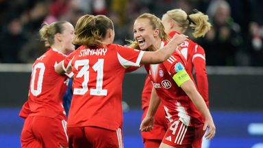 Bayern's Glodis Viggosdottir, right, celebrates after scoring her team's third goal during the opening phase of the Women's Champions League soccer match between FC Bayern Munich and Arsenal FC in Munich, Germany, Wednesday, November 12, 2025. (AP Photo/Matthias Schrader)