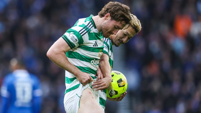 Celtic's Anthony Ralston is left with stud marks on his thigh after a challenge by Rangers' Thelo Aasgaard