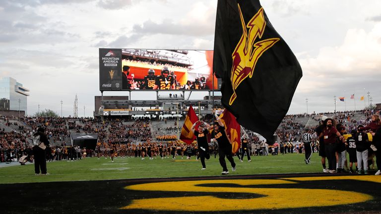September 26, 2025: Arizona State Sun Devils take the field before the game between Texas Christian University and the Arizona State University Sun Devils at Mountain America Stadium in Tempe, Arizona. .Michael Cazares/CSM. (Credit Image: .. Michael Cazares/Cal Sport Media) (Cal Sport Media via AP Images)