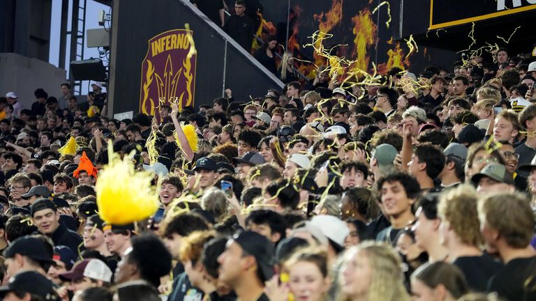 Arizona State Sun Devils student section during a NCAA college football game against TCU Horned Frogs Friday, Sept. 26, 2025, in Tempe, Ariz. (AP Photo/Darryl Webb)