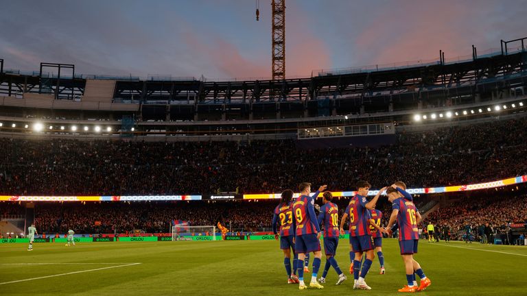 Barcelona players celebrate after a goal during the La Liga win over Athletic Club