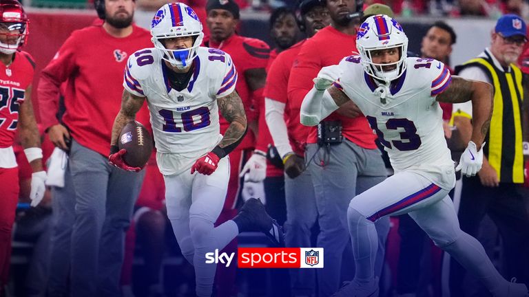 Buffalo Bills' Khalil Shakir (10) carries the ball as Gabe Davis (13) follows behind in the second half of an NFL football game against the Houston Texans Thursday, Nov. 20, 2025, in Houston. (AP Photo/Ashley Landis)
