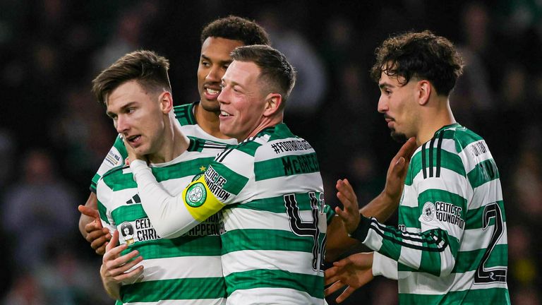 Kieran Tierney (L) celebrates scoring his first goal since returning to Celtic 