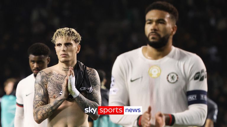 Chelsea's Alejandro Garnacho, left, and Reece James applause after the Champions League opening phase soccer match between Qarabag and Chelsea in Baku, Azerbaijan, Wednesday, Nov. 5, 2025.