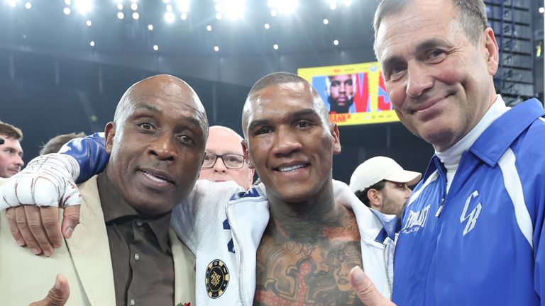 Conor Benn with his father Nigel and trainer Tony Sims