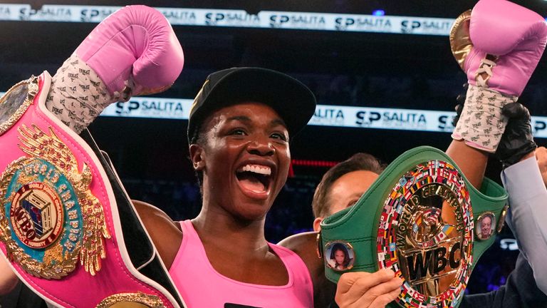 FILE - Middleweight champion Claressa Shields celebrates after defeating reigning WBC women's heavyweight boxing champion Vanessa Lepage-Joanisse of Quebec during a fight, Saturday, July 27, 2024, in Detroit. (AP Photo/Carlos Osorio, File)