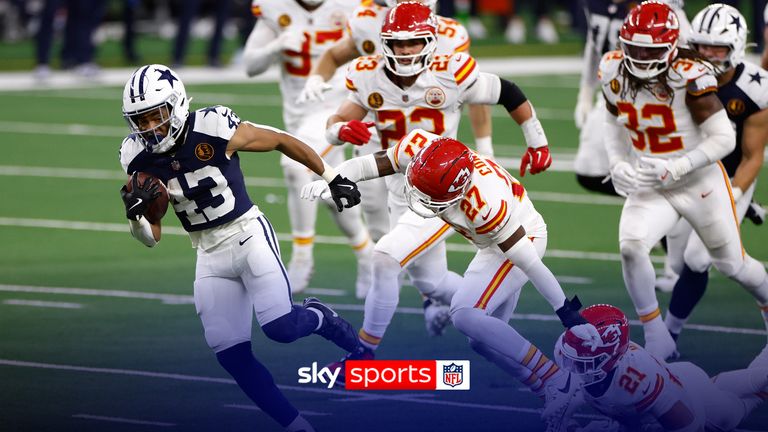 Dallas Cowboys running back Malik Davis (43) scores on a touchdown run during the first half of an NFL football game against the Kansas City Chiefs Thursday, Nov. 27, 2025, in Arlington, Texas.