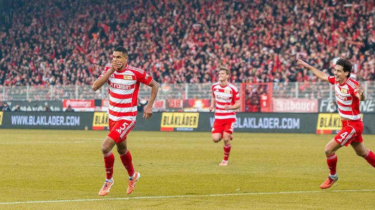 Danilho Doekhi celebrates scoring for Union Berlin against Bayern Munich