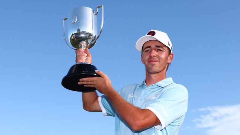David Puig of Spain poses with the Joe Kirkwood Cup after victory on day four of the BMW Australian PGA Championship 2025 at Royal Queenslan