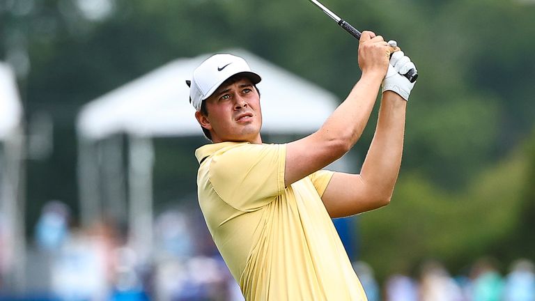 August 3, 2025: Davis Thompson hits ball on first hole. Fourth round, 2025 Wyndham Championship, Sedgefield Country Club in Greensboro, North Carolina. David Beach/CSM (Credit Image: .. David Beach/Cal Sport Media) (Cal Sport Media via AP Images)