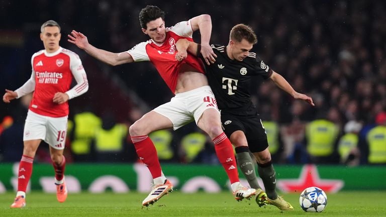 Declan Rice and Bayern's Joshua Kimmich battle for the ball 