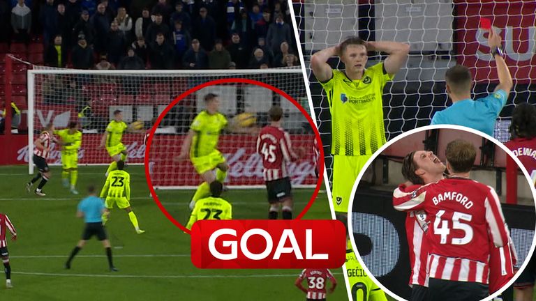 Portsmouth's Terry Devlin sees red following a handball on the goal line and Sydie Peck puts the penalty awa to give Sheffield United the lead.