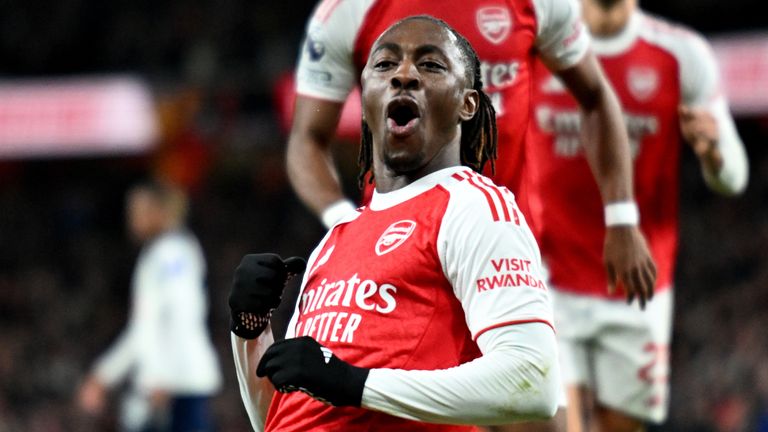 Eberechi Eze celebrates after doubling Arsenal's lead in the north London derby