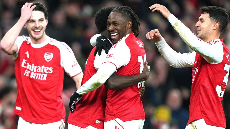 Arsenal's Eberechi Eze celebrates his hat-trick goal