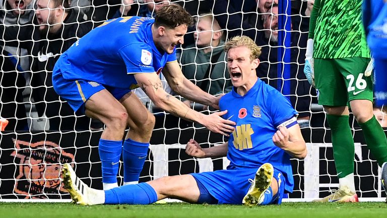 Christoph Klarer celebrates after scoring Birmingham's third goal against Portsmouth